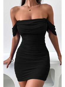 Ruched Mesh Off Shoulder Dress, Sexy Strapless Bodycon Mini Dress, European And American Style Summer Cocktail Party Dress Wedding Black Spring - Black - View 2