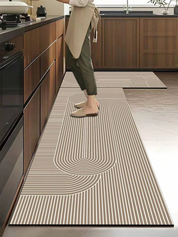 1pc Silica Gel Kitchen Mat With Abstract Geometric Pattern In White Lines, Including Arcs And Circles, Presenting A Minimalist Japanese Wabi-Sabi Style, Luxury Fashion Kitchen Mat With Cushion And Anti-Fatigue, Surface Fabric Material, Middle Sponge Absorbent Material, Bottom Rubber Material Non-Slip And Easy To Clean Kitchen Rug