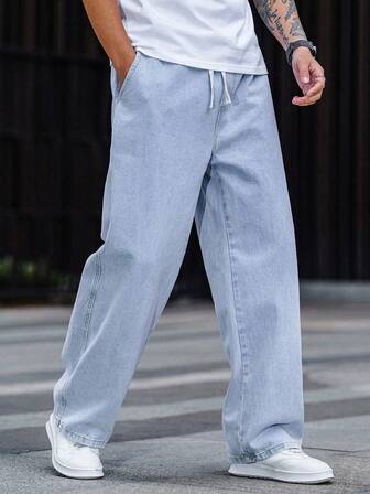 宽松直筒牛仔裤，时尚水洗棉质牛仔布，男士休闲直筒阔腿松紧腰牛仔裤，情侣款礼物