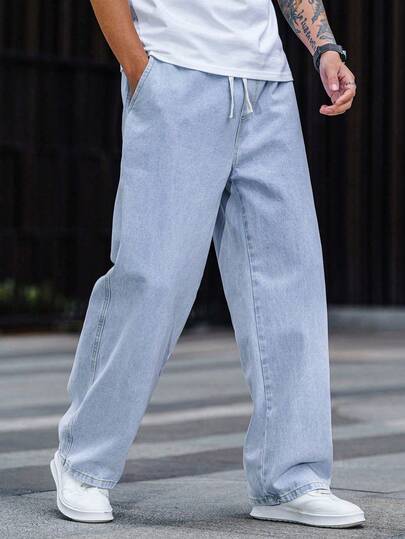 宽松直筒牛仔裤，时尚水洗棉质牛仔布，男士休闲直筒阔腿松紧腰牛仔裤，情侣款礼物