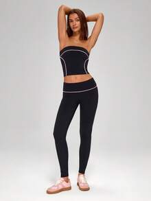 MASKERT 两件套高弹柔软舒适女士运动套装，适合健身房瑜伽跑步锻炼休闲健身女装 - 黑色 - 查看 7