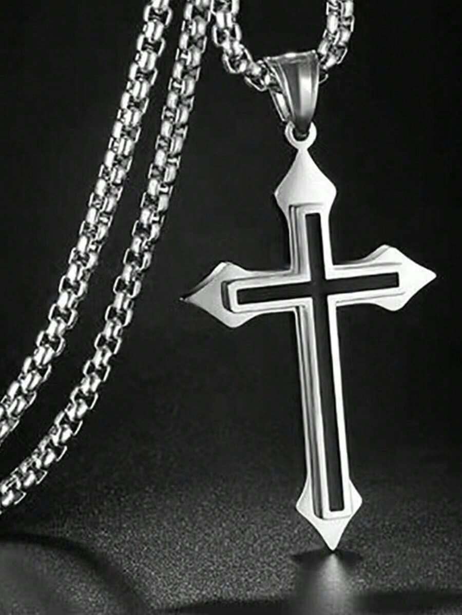 2024 Cross Necklace For Men, Stainless Steel Punk Rock Niche Oversized Sweater Chain, Fashionable Versatile Accessory - 銀色 - 查看 1