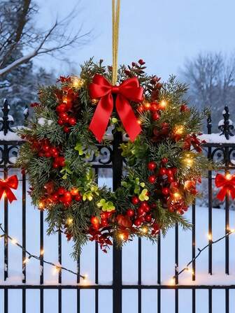 Christmas Wreath Lights, Winter Berry Wreath For Front Door Decor, Red Berry Christmas Wreath Lights, Artificial Pine Needle Wall Hanging Home Indoor Christmas Tree Outdoor Front Door Decor, For Window And Wall Decoration