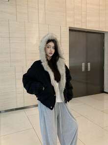 女士冬季外套，休闲优雅美式风格冬季连帽外套，毛领保暖加厚羽绒服，冬季，蓬松外套 - 黑色 - 查看 7