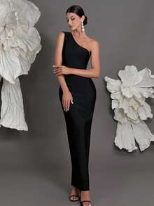 Spaghetti Strap Bandage Bodycon Dress, Sexy Open Slit Luxury Party Gown For Women, European And American Fashion, Elegant - Black - View 1