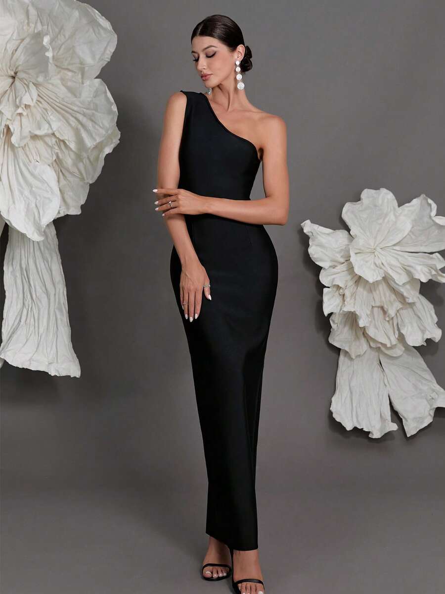 Spaghetti Strap Bandage Bodycon Dress, Sexy Open Slit Luxury Party Gown For Women, European And American Fashion, Elegant - Black - View 1