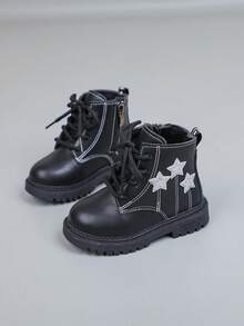 1 Pair Fashionable Baby Autumn/Winter Short Boots, With Stylish Pentagram Pattern And Stitching, Retro Side Zipper Design, Comfortable Warm Plush Lining And Anti-Slip Rubber Sole, Suitable For Baby Daily Commute And School Activities - Black - View 1