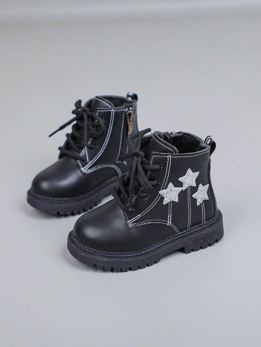 1 Pair Fashionable Baby Autumn/Winter Short Boots, With Stylish Pentagram Pattern And Stitching, Retro Side Zipper Design, Comfortable Warm Plush Lining And Anti-Slip Rubber Sole, Suitable For Baby Daily Commute And School Activities - Black - View 1