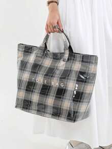 Fashionable College Style Large Capacity Tote Bag - Lightweight PVC And Kraft Paper Material, Hook And Loop Closure, Stylish Choice For Women - Black - View 4