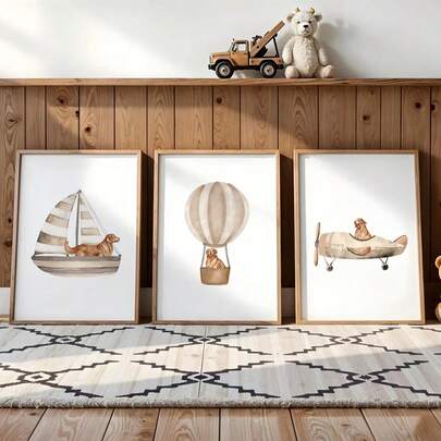 Juego de 3 impresiones de arte de pared de Golden Retriever divertido, decoración de habitación de perro Goldie divertida, póster de perro cachorro neutral, decoración de arte minimalista de Golden Retriever en avión, velero y globo aerostático, sin marco