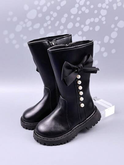 Mädchen Stiefel für Herbst/Winter, neuer Stil Kinder Hohe Stiefel, mittelgroße Kinder Dicker Sohle Schleife & Perle Prinzessin Leder Stiefel, Schul Schüler Schuhe, Mädchen Seitlicher Reißverschluss Lange Stiefel
