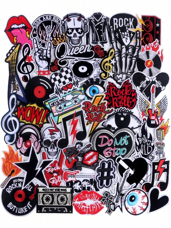 10pcs/20pcs/30pcs/50pcs/70pcs/Random Skull, Rock Band, Black & White Punk Style, Cross Guitar, English Letter Embroidered Iron-On Patches, Suitable For DIY Clothing And Accessories - Hats, Jeans, Jackets, Etc.