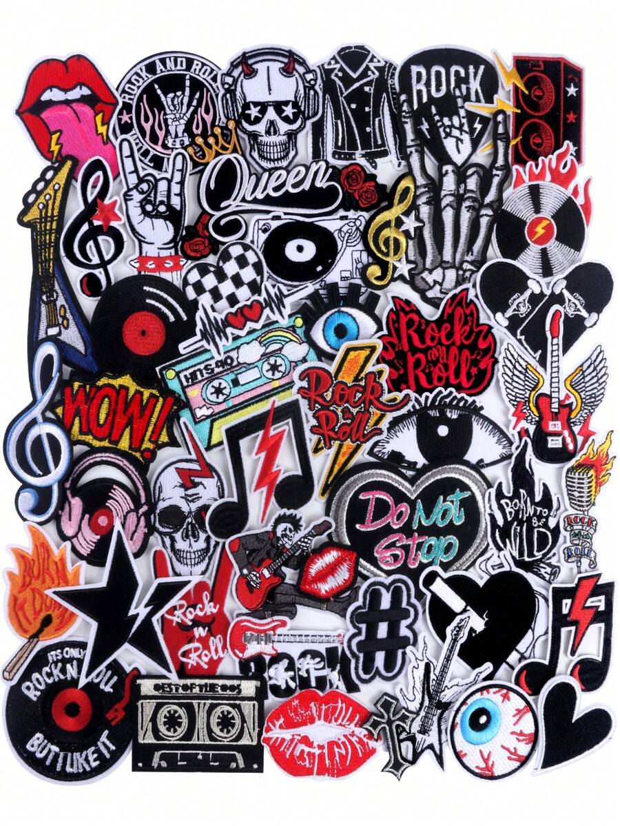 10pcs/20pcs/30pcs/50pcs/70pcs/Random Skull, Rock Band, Black & White Punk Style, Cross Guitar, English Letter Embroidered Iron-On Patches, Suitable For DIY Clothing And Accessories - Hats, Jeans, Jackets, Etc. - 彩色 - 查看 1
