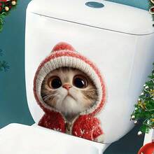 Pegatinas de PVC con diseño de gato lindo con gorro de Navidad de punto para decoración navideña del hogar, fácil de pegar sin dejar residuos, removible y autoadhesivo para baño, puertas de vidrio y interruptores de luz, diseño festivo de gato de ojos grandes y forma asimétrica para un ajuste perfecto, pegatinas de PVC estilo de dibujos animados para decoración navideña de ventanas