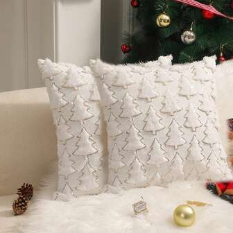 2 件圣诞毛绒刺绣亮片抱枕套，圣诞树系列，圣诞靠垫套，方形装饰枕套，17.7 * 17.7 英寸（不含枕芯），布艺家居节日装饰，适用于卧室、沙发、办公室