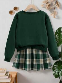 Tween Girl Leopard Print Heart Graphic Crew Neck Long Sleeve Top And Plaid Mini Skirt Set