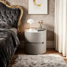 FXLTSBL Round Bedside Table, Modern Bedroom Side Table, Leather Bedside Table With 2 Drawers, Round Bedside Table With Stone Top, For Bedroom, Living Room - Grey - View 4