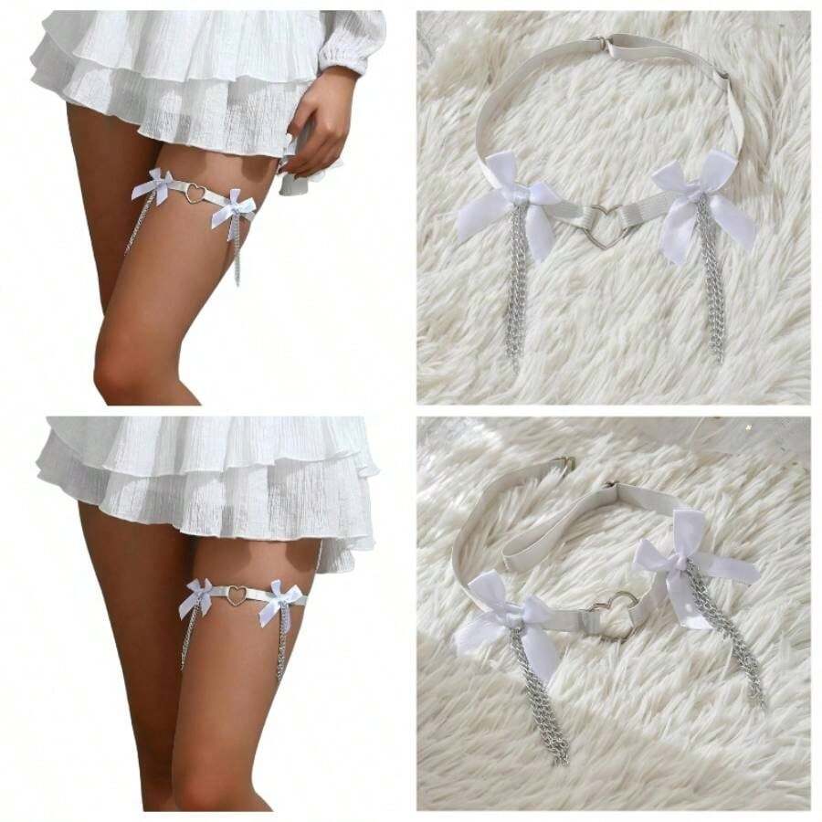 Gothic Tassel Leg Chain Bow Tie Thigh Leg Chain Women Festival Wraps Garter Elastic Thigh Body Chain Women - 白色 - 查看 1