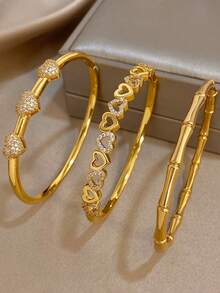 18K 镀金不锈钢或铜质奢华优雅心形和竹子手镯套装，适合女士，甜美珠宝妈妈礼物圣诞节感恩节万圣节婚礼狂欢/舞会/派对/日常配饰周年纪念情人节波西米亚珠宝生日伴娘礼物 - 彩色 - 查看 3