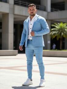 Men's Set Blazer Pants Slim Suit Formal Fashion - 淺藍色 - 查看 2