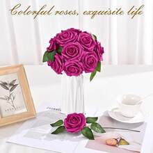 16 piezas de rosas de espuma de color rosa con brillo artificial y tallos para ramos DIY, centros de mesa, arreglos para bodas, decoración de despedida de soltera - Rosa Roja - Ver 2