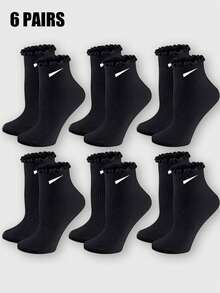 6 Paar Damen Socken mit einfarbigem Rüschensaum in Knöchellänge, Schwarz Weiß Grau, süß & modisch, bequeme Lässig socken geeignet für den täglichen Gebrauch, Reisen, Schule und Rock-Kombinationen, ganzjährig