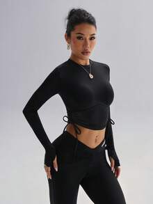 Top de manga larga con cordón en la cintura para mujer, ideal para yoga de bajo impacto y uso diario en el gimnasio