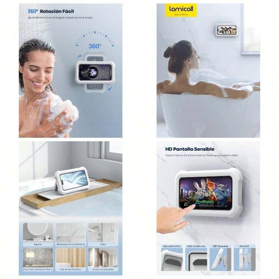 Soporte para Celular Ducha - 480 Rotation Bathroom Phone Holder Shower, Anti - Niebla, IPx6 Soporte Impermeable para Celular Regadera Bao Pared High Sensitive Touchscreen, para Celular 4 - - blanco - Ver 1
