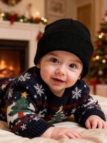 1 pieza Gorro de lana de unicolor para recién nacidos, gorro lindo con pompón, adecuado para niños de 0 a 3 años, unisex - Sin pompa - Ver 3