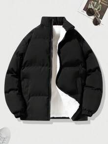 男士休闲立领纯色保暖内衬棉服，冬季