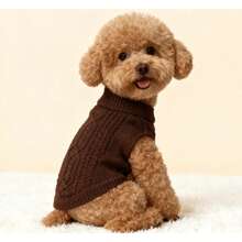 Suéter para animais de estimação, cor café, em tricô trançado, ideal para cães e gatos de pequeno e médio porte. Design minimalista, perfeito para o outono e inverno. Ideal para poodles, teddy bear e para o Ano Novo. - Castanho Café - Ver 2