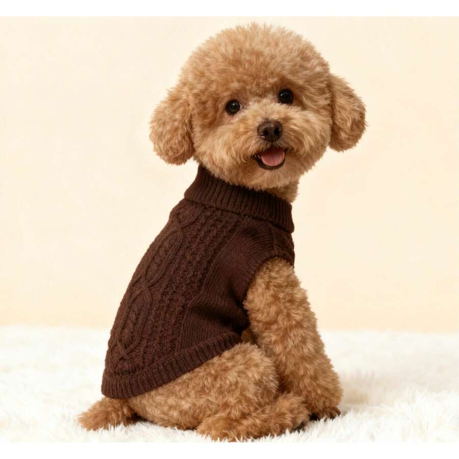 Suéter para animais de estimação, cor café, em tricô trançado, ideal para cães e gatos de pequeno e médio porte. Design minimalista, perfeito para o outono e inverno. Ideal para poodles, teddy bear e para o Ano Novo.