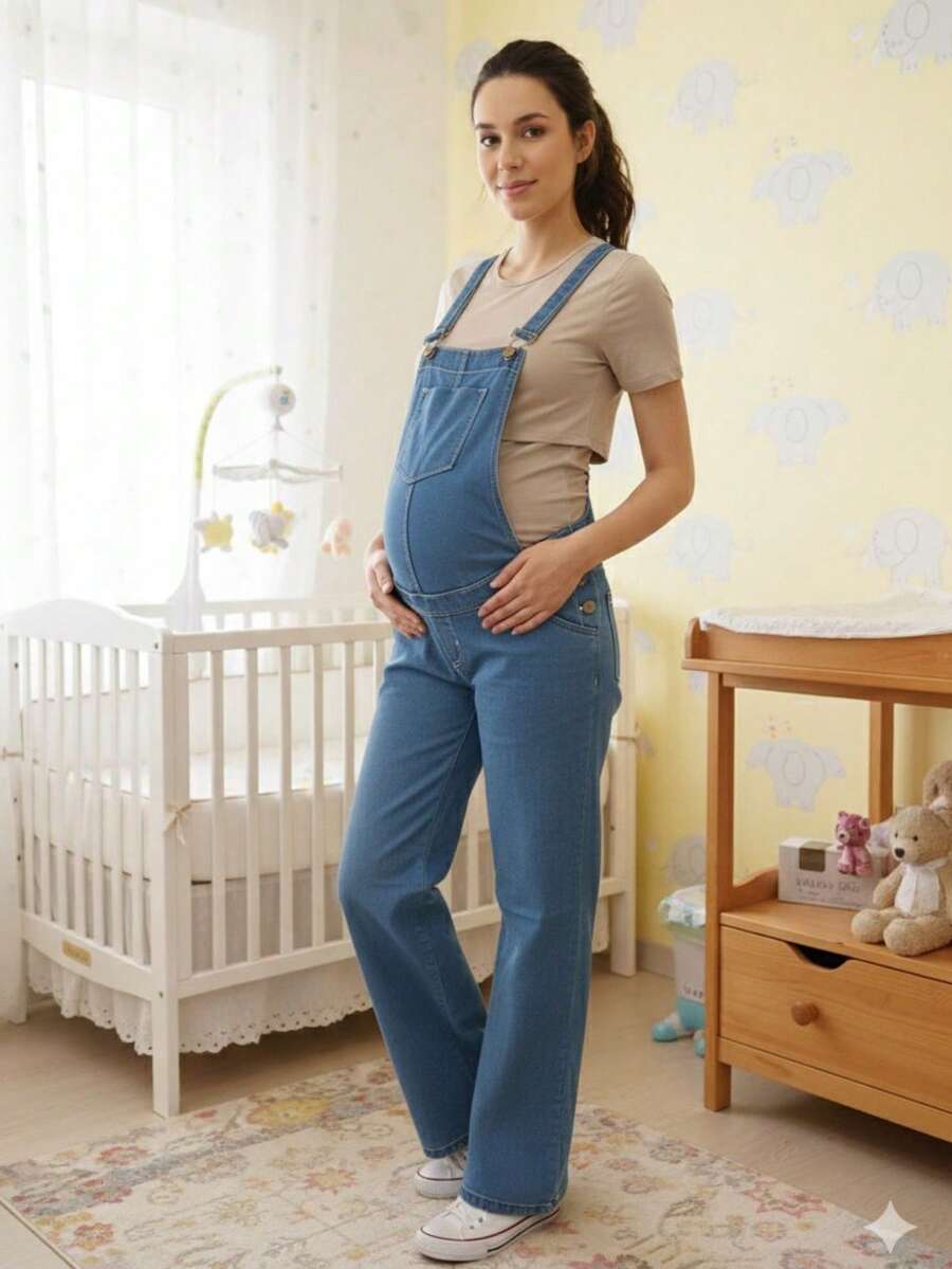 Overol  de mezclilla pre mamá pierna recta ajustable, tela strech - Azul lavado medio - Ver 1