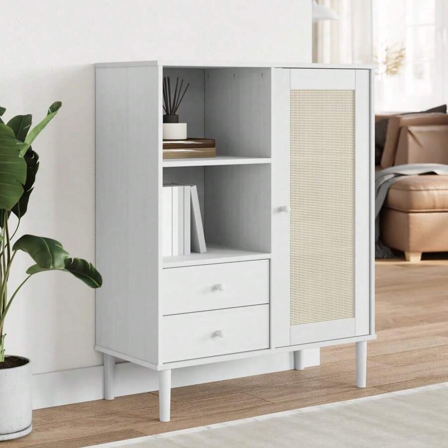 vidaXL Highboard SENJA Rattan-Optik Weiß 90x40x112 cm Kiefernholz