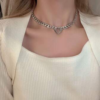 1pc Vintage Style Silver Cuban Chain Necklace With Hollow Heart Pendant, Delicate & Unique