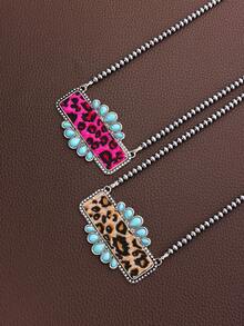 1pc Bohemian Style Leopard Print Leather Geometric Turquoise Pendant Necklace, Women - Necklace - View 1