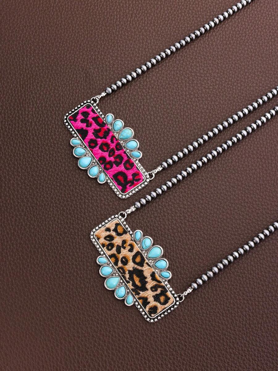 1pc Bohemian Style Leopard Print Leather Geometric Turquoise Pendant Necklace, Women - Necklace - View 1