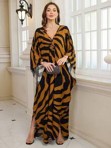 Women's Fashion Zebra Print V-Neck Batwing Sleeve Long Robe, With Slit Design, Woven Fabric, Elegant Kaftan Robe Vacation Spring - Brown - View 8