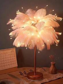 1pc Large, Battery-Operated Pink And White Feather Table Lamp (Batteries Not Included). Modern, Freestanding Bedroom Bedside Lamp, Perfect For KTVs, Bars, Cake Shops, And Livestreams. Elegant Home Decor, Perfect For Bedrooms, Living Rooms, Offices, Dorm Rooms, Desks, And Nightstands.