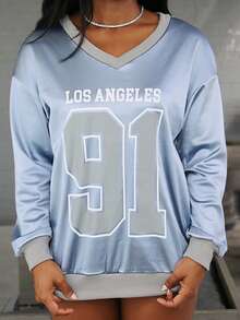 Steph T Women's Autumn Letter Print Drop Shoulder Long Sleeve V-Neck Sweatshirt Graduation,Back To School Outfits,Graduation,Teacher Outfits For Women,Back To School Pullover Fall Outfit - Blue - View 6