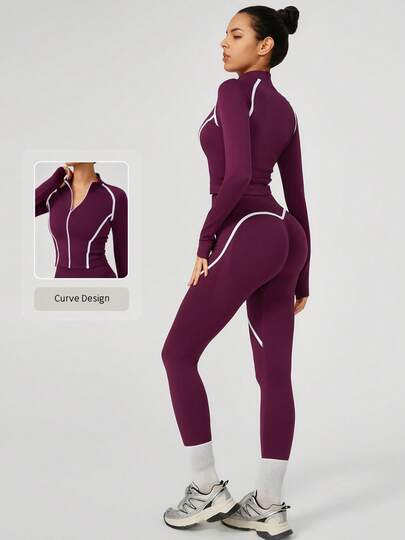 NcmRyu 1 pieza Conjunto deportivo de top de manga larga con cuello alto y diseño de cremallera a rayas de contraste, y pantalones para mujer