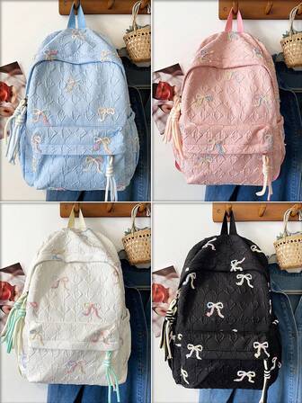 1 pezzo Zaino con stampa fiocco carino. Zaino ispirato al kawaii. Borsa da scuola carina per adolescenti e ragazze con tasche con cerniera doppia. Elegante zaino in tela. Borsa da scuola versatile e preppy. Adatto per studenti universitari e delle scuole medie. Zaino scolastico leggero e personalizzato. Zaino portatile con scomparti multipli.