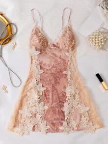 Luxurious Embroidered Velvet Satin Soft Lace Contrast Color Beaded Decor Camisole Nightgown - Hồng - Xem 7
