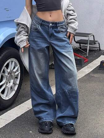 Plus Size Women Vintage Loose Straight Leg Jeans