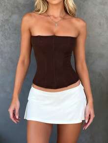 WOWDARK 女士夏季纯色无肩带网纱腰部休闲上衣，适合情人节、约会、聚会、派对、旅行、度假、海滩等场合。 - 棕色 - 查看 5