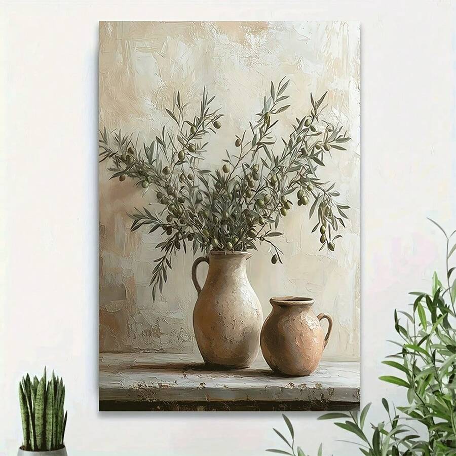 1pc Rustic Olive Branch Canvas Wall Art, Botanical Still Life Print For Farmhouse Home Decor, Neutral Earthy Tones & Ceramic Vases, Mediterranean Style Living Room Kitchen Dining Room Decoration - 彩色 - 查看 1