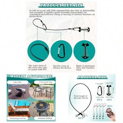 4 Set Strong Outdoor Furniture Deck Anchors, Marine - Grade Fishbone Deck Anchor Pegs With Carabiner, 400 LB Break Strength, DeckDock, Table, Chair Chaise Securing