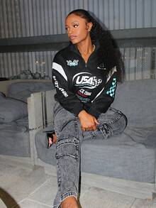 Steph T Women's Fall /Winter Streetwear Going Out Sportswear Athleisure Back To School Casual Color-Blocked Letter Print Long Sleeve Black Sweatshirt - Black - View 2