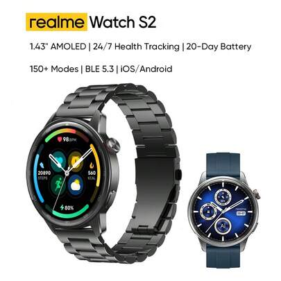 Realme S2 手表，1.43 英寸 AMOLED 显示屏，IP68 防尘防水，可定制表盘，AI 定制健康追踪，超级 AI 引擎和长达 20 天的电池续航智能手表