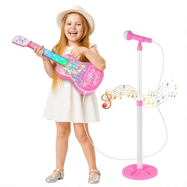 Guitarra e microfone para crianças, conjunto de violão musical com suporte ajustável, kit inicial de violão de brinquedo com 4 cordas, guitarra elétrica de karaokê com luzes musicais para meninos e meninas